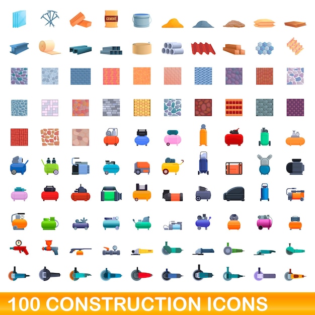 100 iconos de construcción establecidos. Ilustración de dibujos animados de 100 iconos de construcción conjunto de vectores aislado sobre fondo blanco