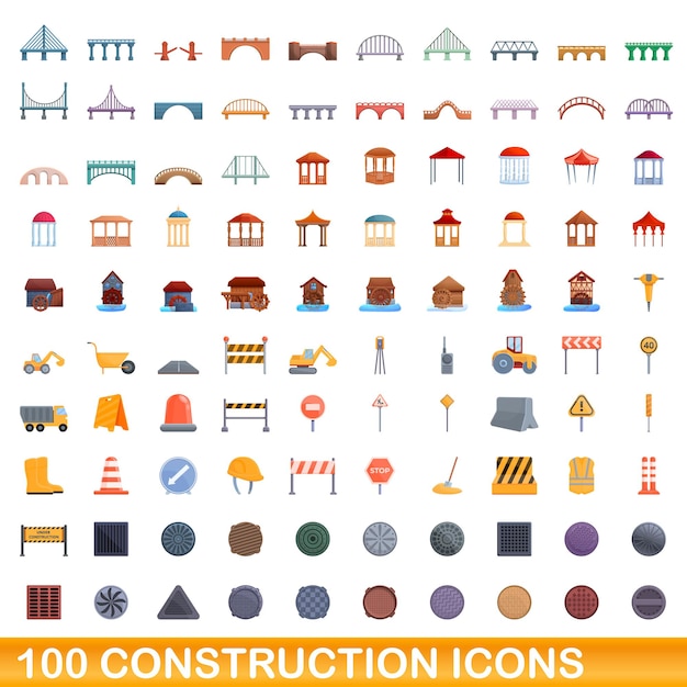 100 iconos de construcción, estilo de dibujos animados