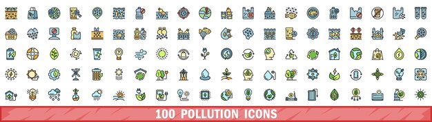 100 íconos de contaminación con estilo de línea de color