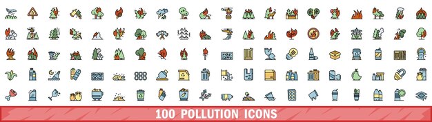 100 íconos de contaminación con estilo de línea de color