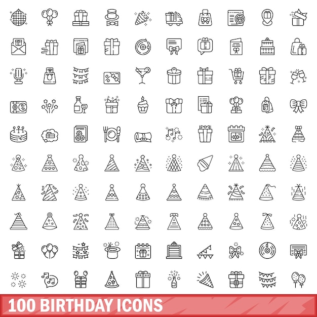 100 iconos de cumpleaños establecer estilo de esquema