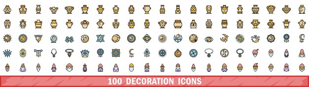 100 iconos de decoración conjunto de estilo de línea de color