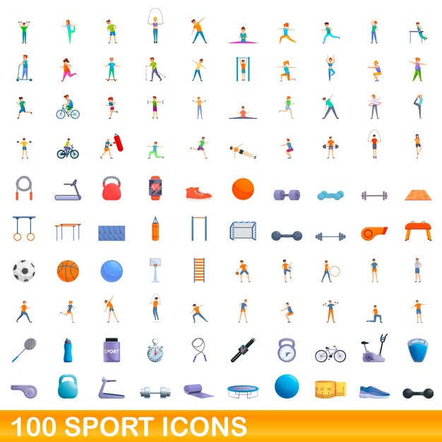 100 iconos deportivos establecidos. Ilustración de dibujos animados de 100 iconos deportivos vector conjunto aislado sobre fondo blanco