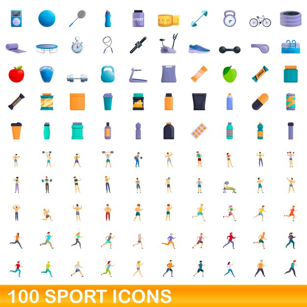 100 iconos deportivos establecidos. Ilustración de dibujos animados de 100 iconos deportivos vector conjunto aislado sobre fondo blanco