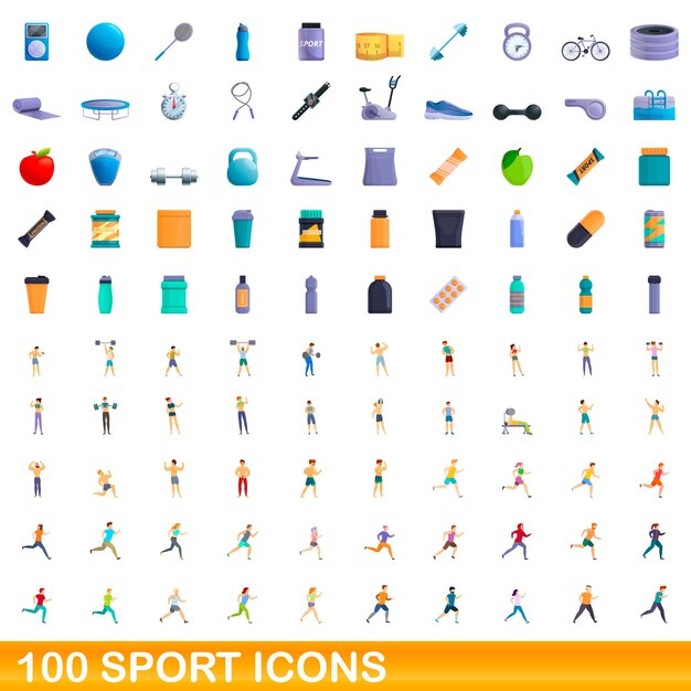 Vector 100 iconos deportivos establecidos. ilustración de dibujos animados de 100 iconos deportivos vector conjunto aislado sobre fondo blanco