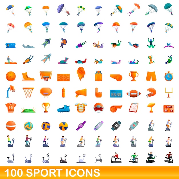 100 iconos deportivos establecidos. ilustración de dibujos animados de 100 iconos deportivos vector conjunto aislado sobre fondo blanco