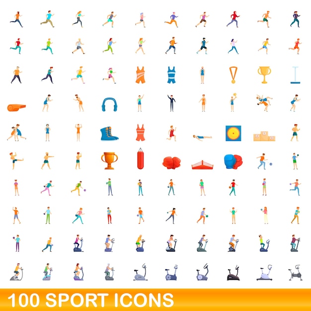 100 iconos deportivos establecidos. Ilustración de dibujos animados de 100 iconos deportivos vector conjunto aislado sobre fondo blanco