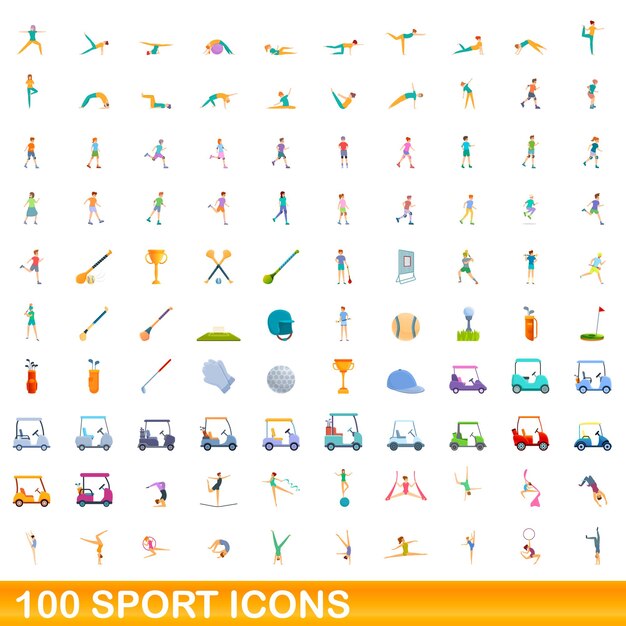 100 iconos deportivos establecidos. Ilustración de dibujos animados de 100 iconos deportivos vector conjunto aislado sobre fondo blanco