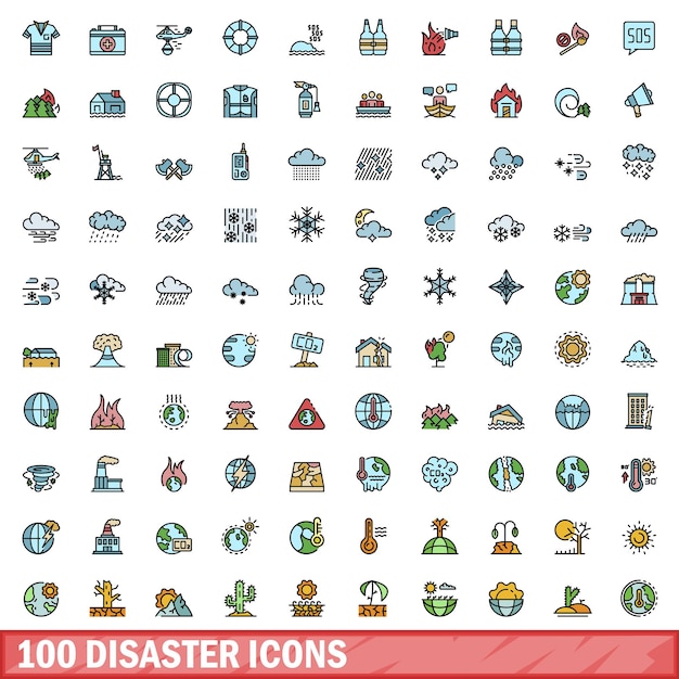 100 iconos de desastre establecidos Conjunto de líneas de color de iconos de vector de desastre color de línea delgada plana sobre blanco