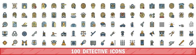 100 iconos de detectives con estilo de línea de colores