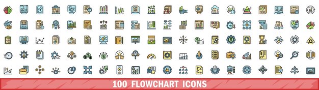 100 iconos de diagrama de flujo configurados estilo de línea de color