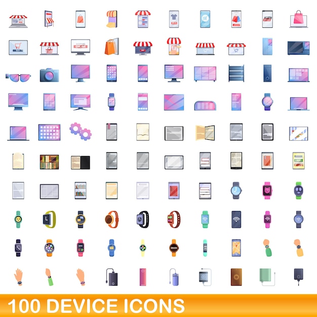 100 iconos de dispositivo, estilo de dibujos animados