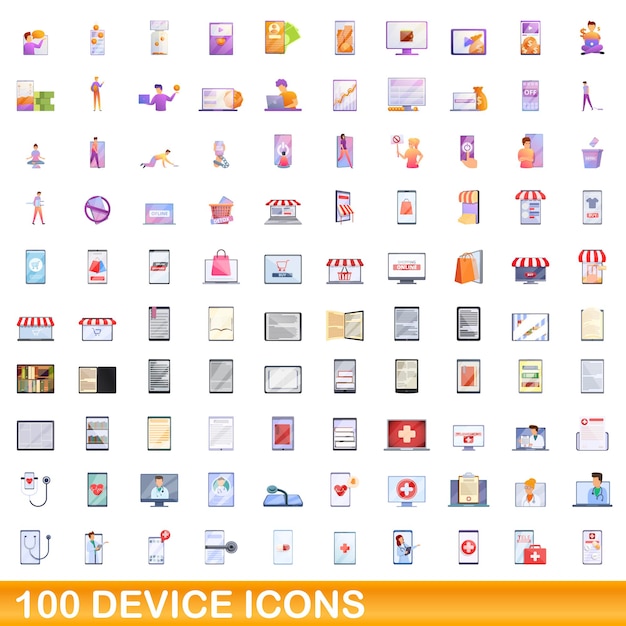 100 iconos de dispositivo, estilo de dibujos animados