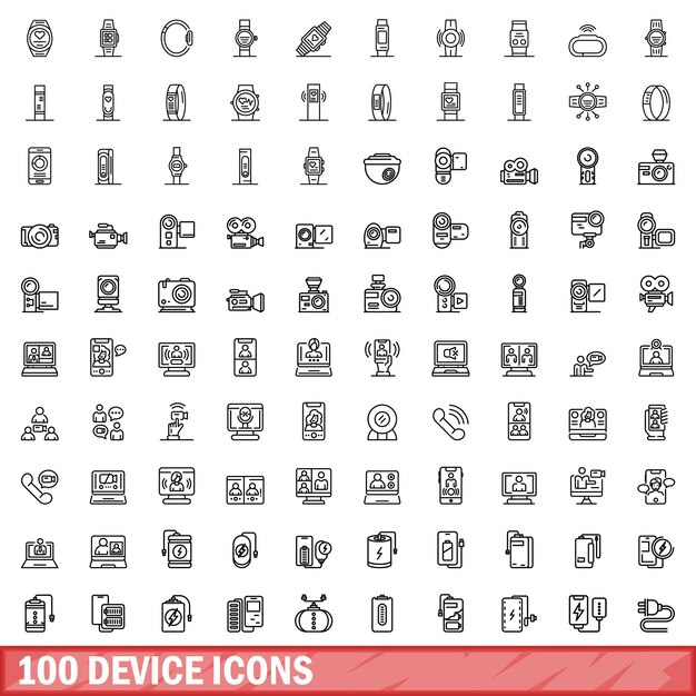 100 iconos de dispositivos establecer estilo de contorno