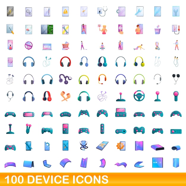 100 iconos de dispositivos establecidos. Ilustración de dibujos animados de 100 iconos de dispositivo conjunto de vectores aislado sobre fondo blanco