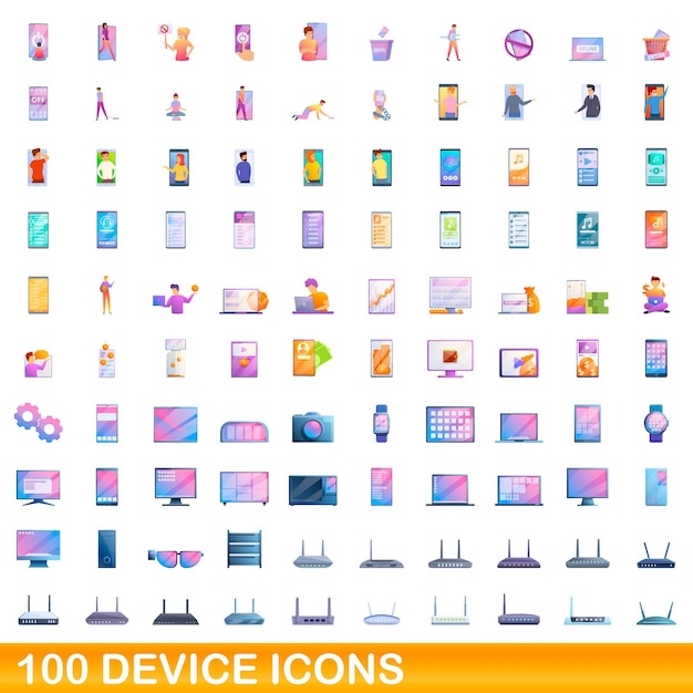 100 iconos de dispositivos establecidos. Ilustración de dibujos animados de 100 iconos de dispositivo conjunto de vectores aislado sobre fondo blanco