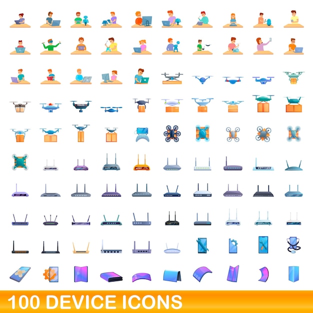 100 iconos de dispositivos establecidos. Ilustración de dibujos animados de 100 iconos de dispositivo conjunto de vectores aislado sobre fondo blanco