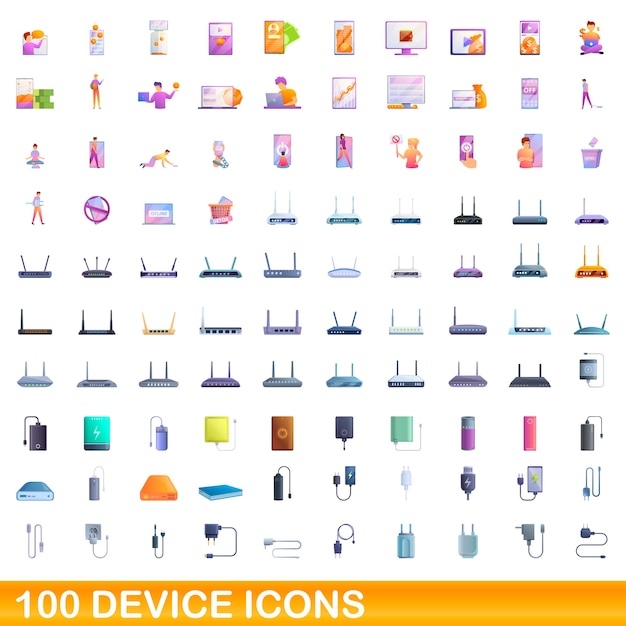 100 iconos de dispositivos establecidos. Ilustración de dibujos animados de 100 iconos de dispositivo conjunto de vectores aislado sobre fondo blanco