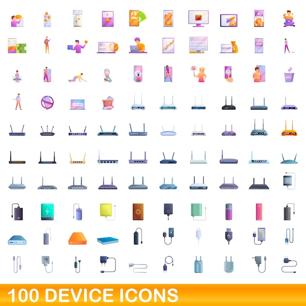 100 iconos de dispositivos establecidos. ilustración de dibujos animados de 100 iconos de dispositivo conjunto de vectores aislado sobre fondo blanco