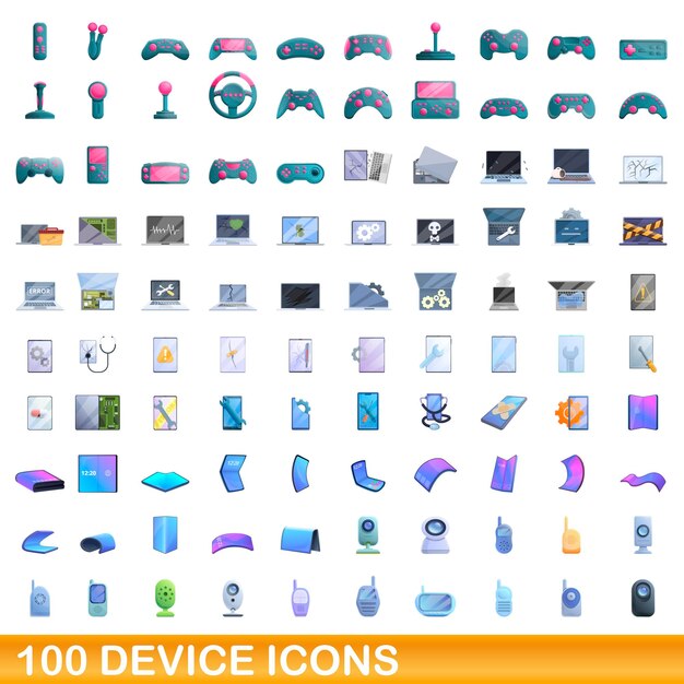 100 iconos de dispositivos establecidos. Ilustración de dibujos animados de 100 iconos de dispositivo conjunto de vectores aislado sobre fondo blanco