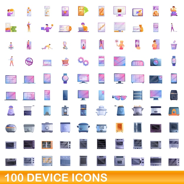 100 iconos de dispositivos establecidos. Ilustración de dibujos animados de 100 iconos de dispositivo conjunto de vectores aislado sobre fondo blanco