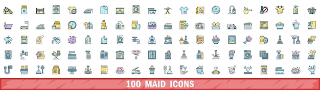 100 iconos de doncella con estilo de línea de color