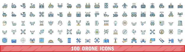 100 íconos de drones con estilo de línea de color