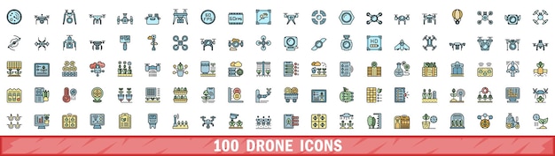 100 íconos de drones con estilo de línea de color