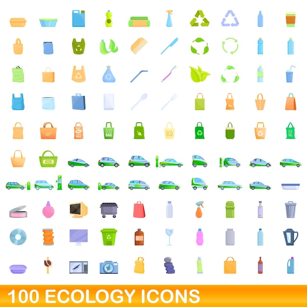 100 iconos de ecología establecidos. Ilustración de dibujos animados de 100 iconos de ecología conjunto de vectores aislado sobre fondo blanco
