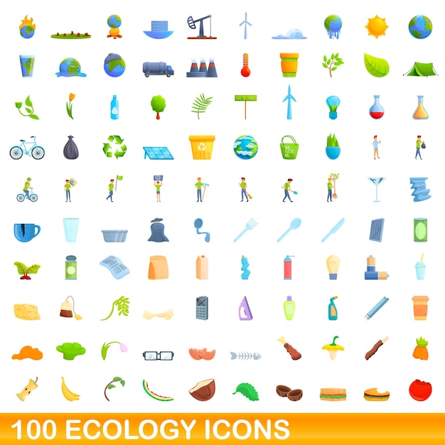 100 iconos de ecología establecidos. Ilustración de dibujos animados de 100 iconos de ecología conjunto de vectores aislado sobre fondo blanco