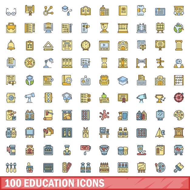 100 iconos de educación establecidos Conjunto de líneas de color de iconos de vector de educación color de línea delgada plana sobre blanco