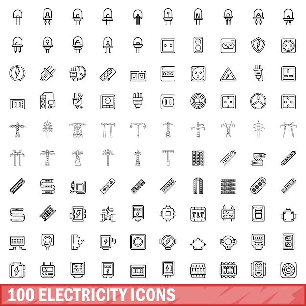 Vector 100 iconos de electricidad establecer estilo de contorno
