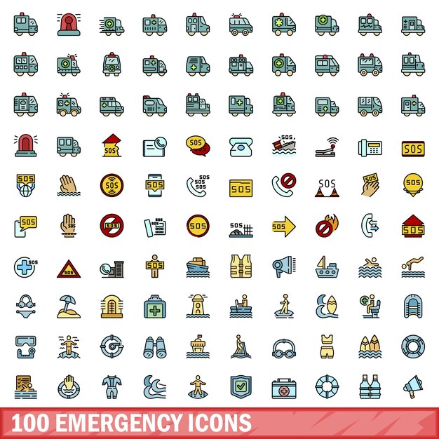 100 iconos de emergencia conjunto de líneas de color conjunto de iconos vectoriales de emergencia línea delgada color plano en blanco