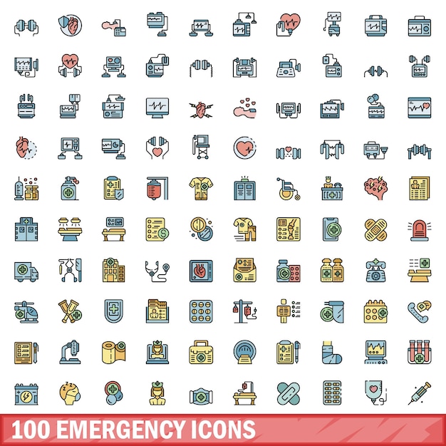 100 iconos de emergencia conjunto de líneas de color conjunto de iconos vectoriales de emergencia línea delgada color plano en blanco