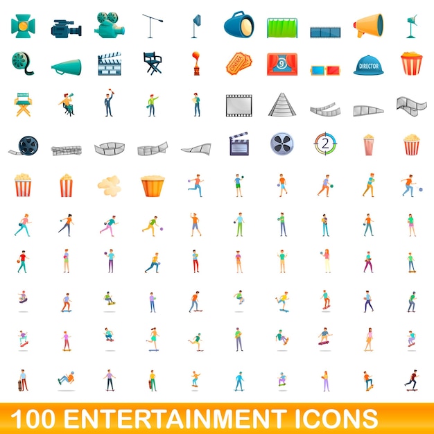 100 iconos de entretenimiento establecidos. Ilustración de dibujos animados de 100 iconos de entretenimiento vector conjunto aislado sobre fondo blanco