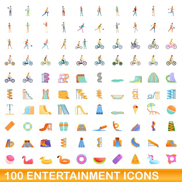 100 iconos de entretenimiento establecidos. Ilustración de dibujos animados de 100 iconos de entretenimiento vector conjunto aislado sobre fondo blanco