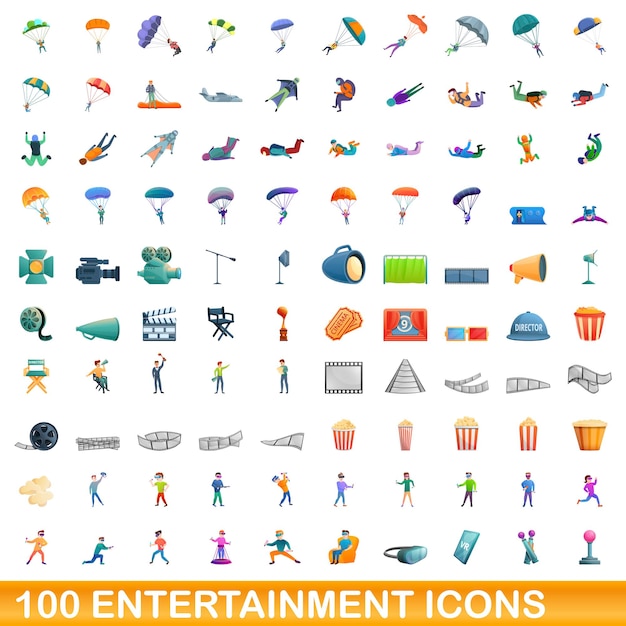100 iconos de entretenimiento establecidos. Ilustración de dibujos animados de 100 iconos de entretenimiento vector conjunto aislado sobre fondo blanco