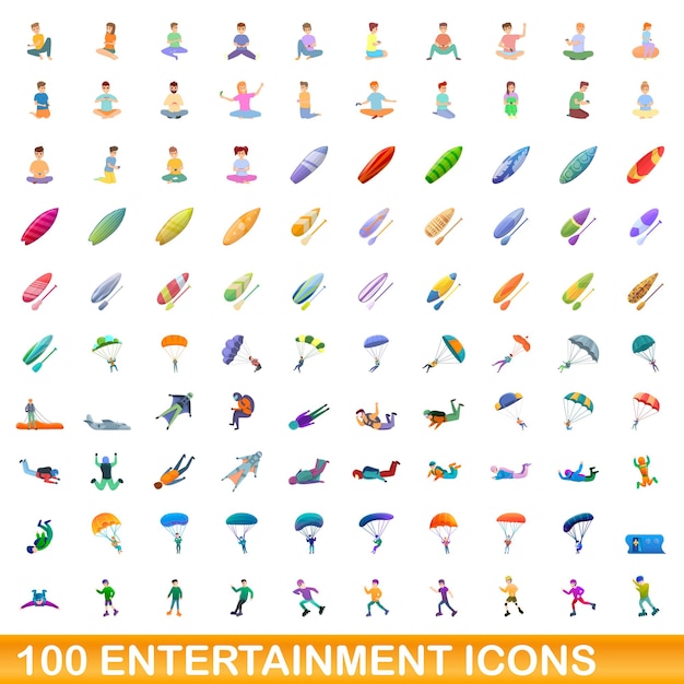 100 iconos de entretenimiento establecidos. Ilustración de dibujos animados de 100 iconos de entretenimiento vector conjunto aislado sobre fondo blanco