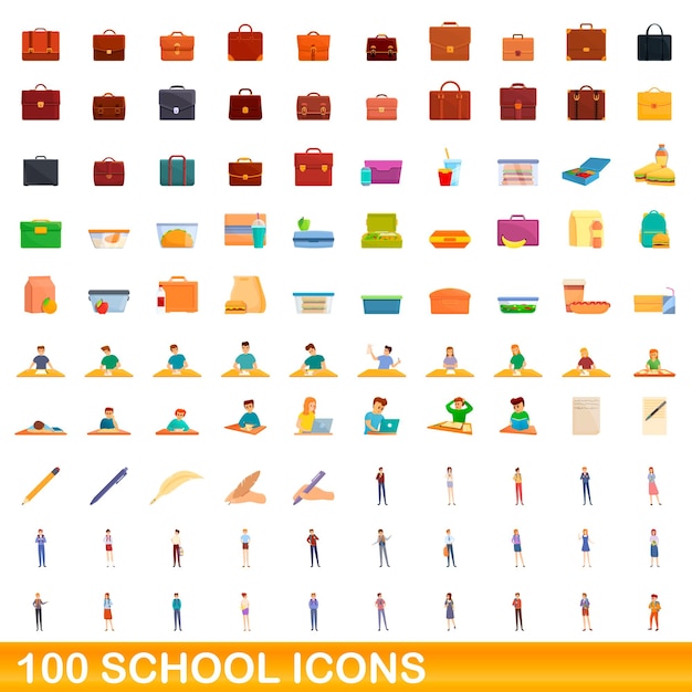 100 iconos escolares establecidos. Ilustración de dibujos animados de 100 iconos de la escuela conjunto de vectores aislado sobre fondo blanco