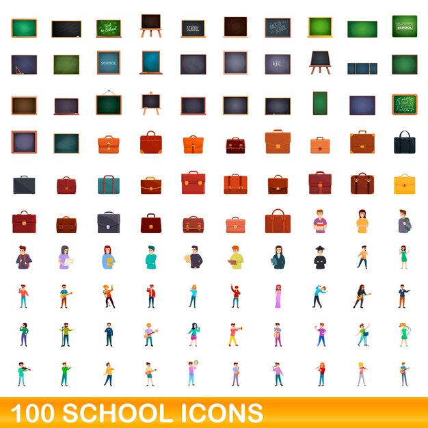 100 iconos escolares establecidos. Ilustración de dibujos animados de 100 iconos de la escuela conjunto de vectores aislado sobre fondo blanco