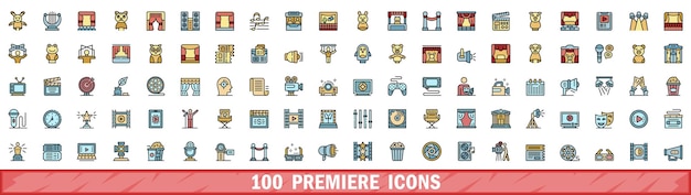 100 iconos de estreno establecidos estilo de línea de color