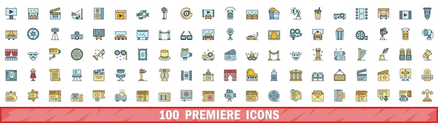 100 iconos de estreno establecidos estilo de línea de color