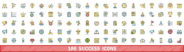 100 iconos de éxito conjunto de estilo de línea de color