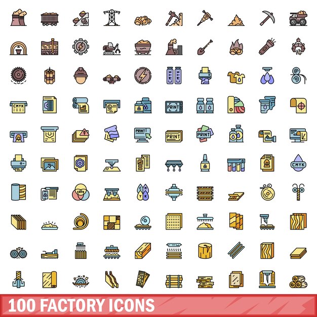 100 iconos de fábrica establecidos Conjunto de líneas de color de iconos vectoriales de fábrica color de línea delgada plana sobre blanco