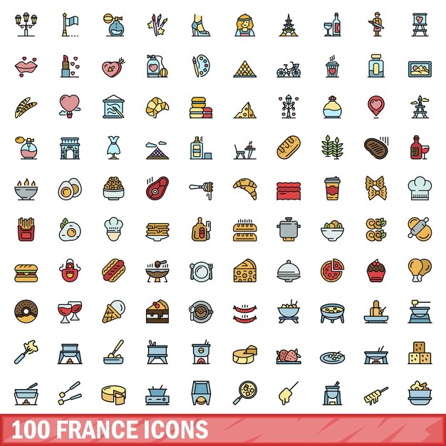 Vector 100 íconos de francia conjunto de estilo de línea de color