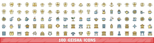 100 íconos de geishas con estilo de línea de color