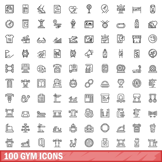 100 iconos de gimnasio establecer estilo de contorno