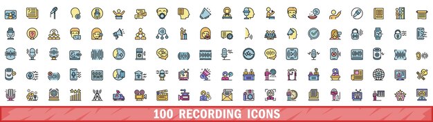 100 íconos de grabación establecidos estilo de línea de color