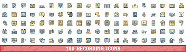 100 íconos de grabación establecidos estilo de línea de color