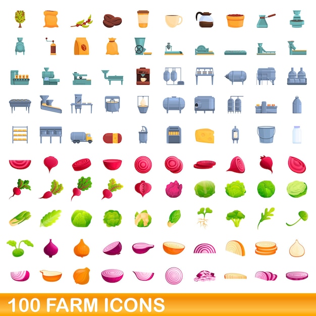 100 iconos de granja, estilo de dibujos animados